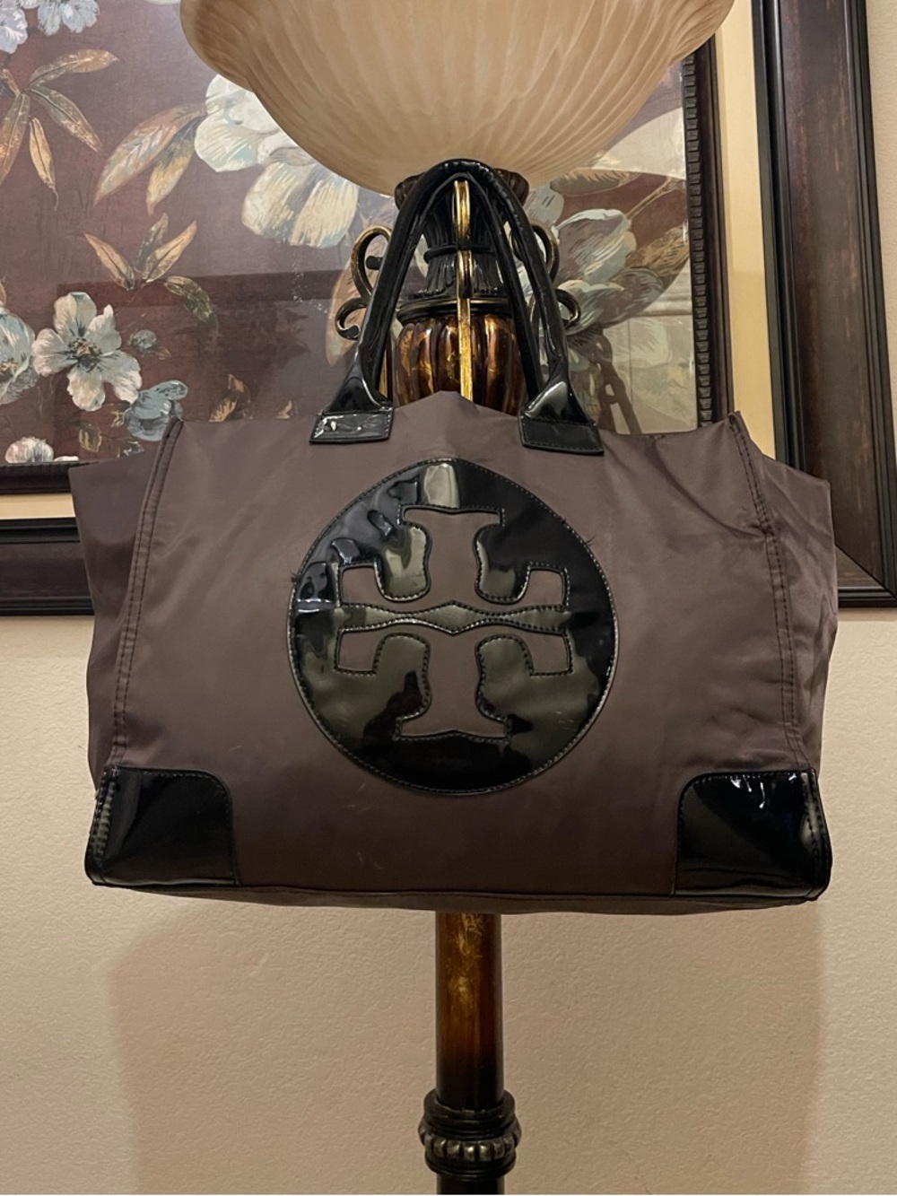 Tory Burch Chocolate Nylon Tote with Black Patent Trim